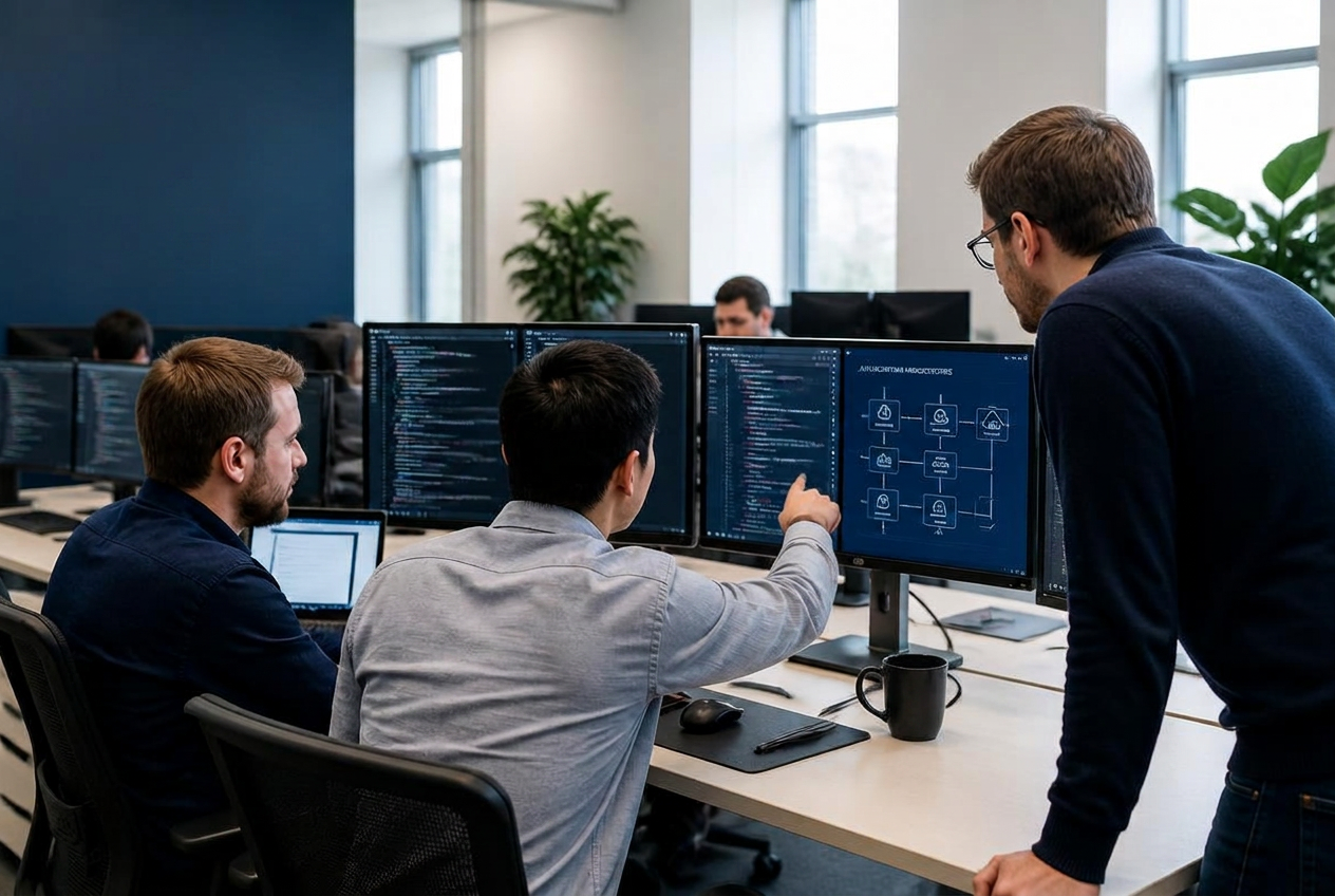 Software developers collaborating on application architecture