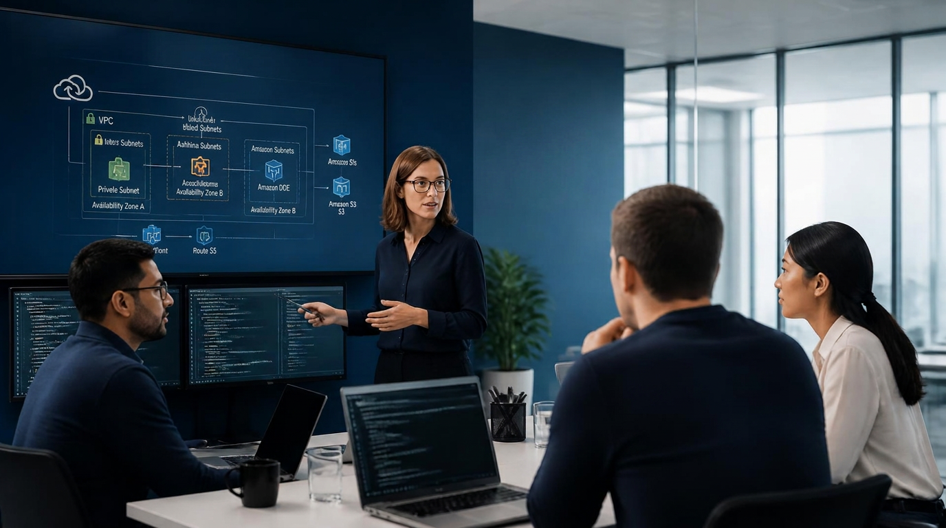 Technology consultants reviewing cloud infrastructure and code